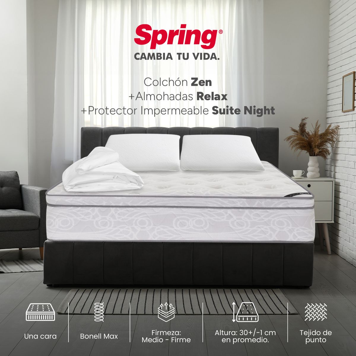 COLCHONES SPRING - Colchón Spring Doble Firmeza Media Ortopédico Resortado Zen 140 x 190 cm + 2 Almohadas + Protector