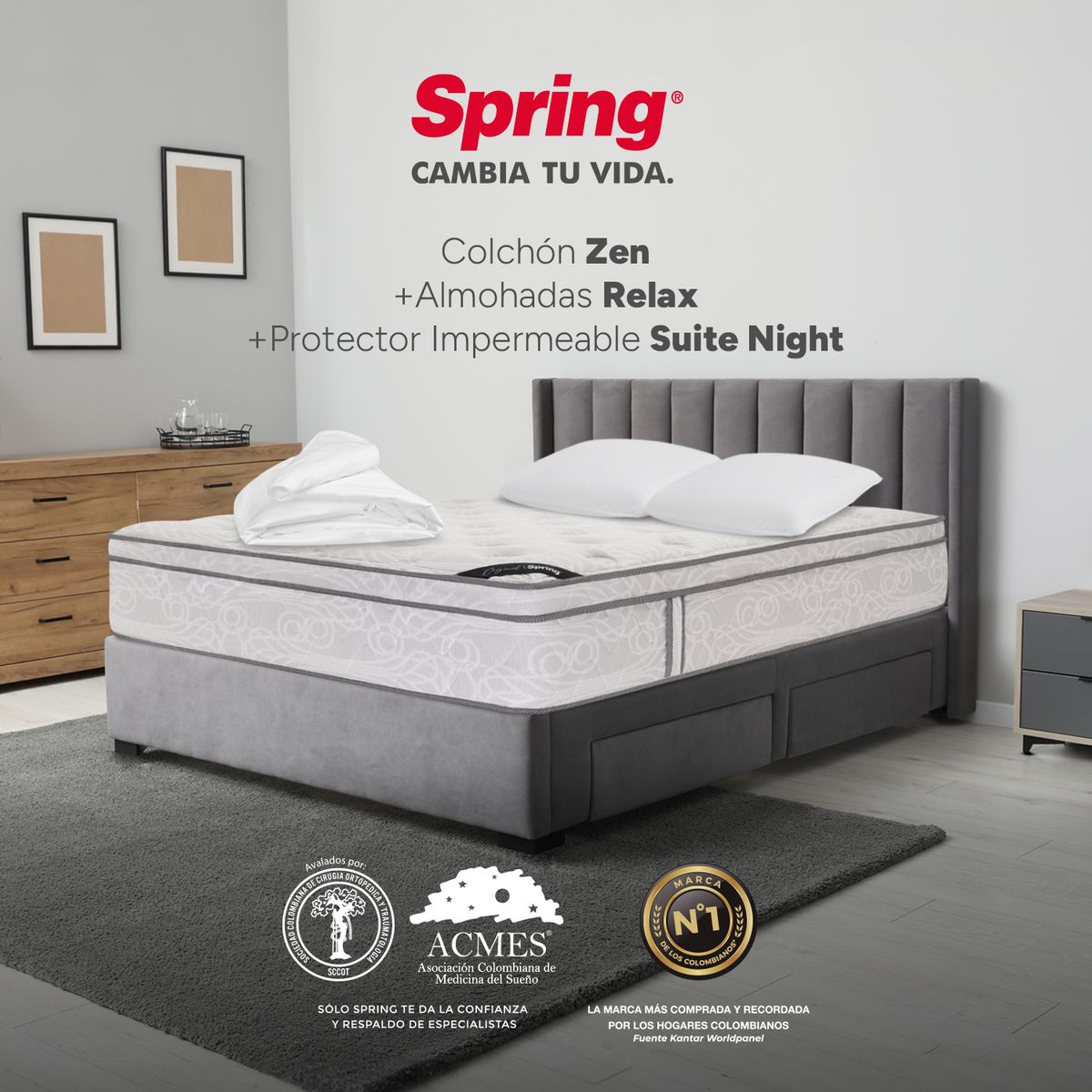 COLCHONES SPRING - Colchón Spring Doble Firmeza Media Ortopédico Resortado Zen 140 x 190 cm + 2 Almohadas + Protector