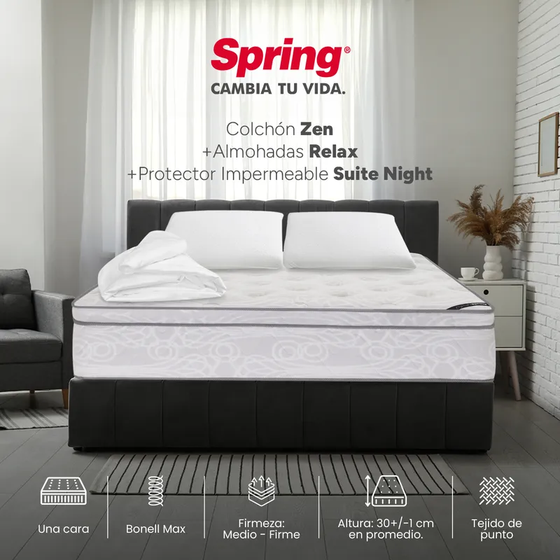 COLCHONES SPRING - Colchón Spring Queen Firmeza Media Ortopédico Resortado Zen 160 x 190 cm + 2 Almohadas + Protector