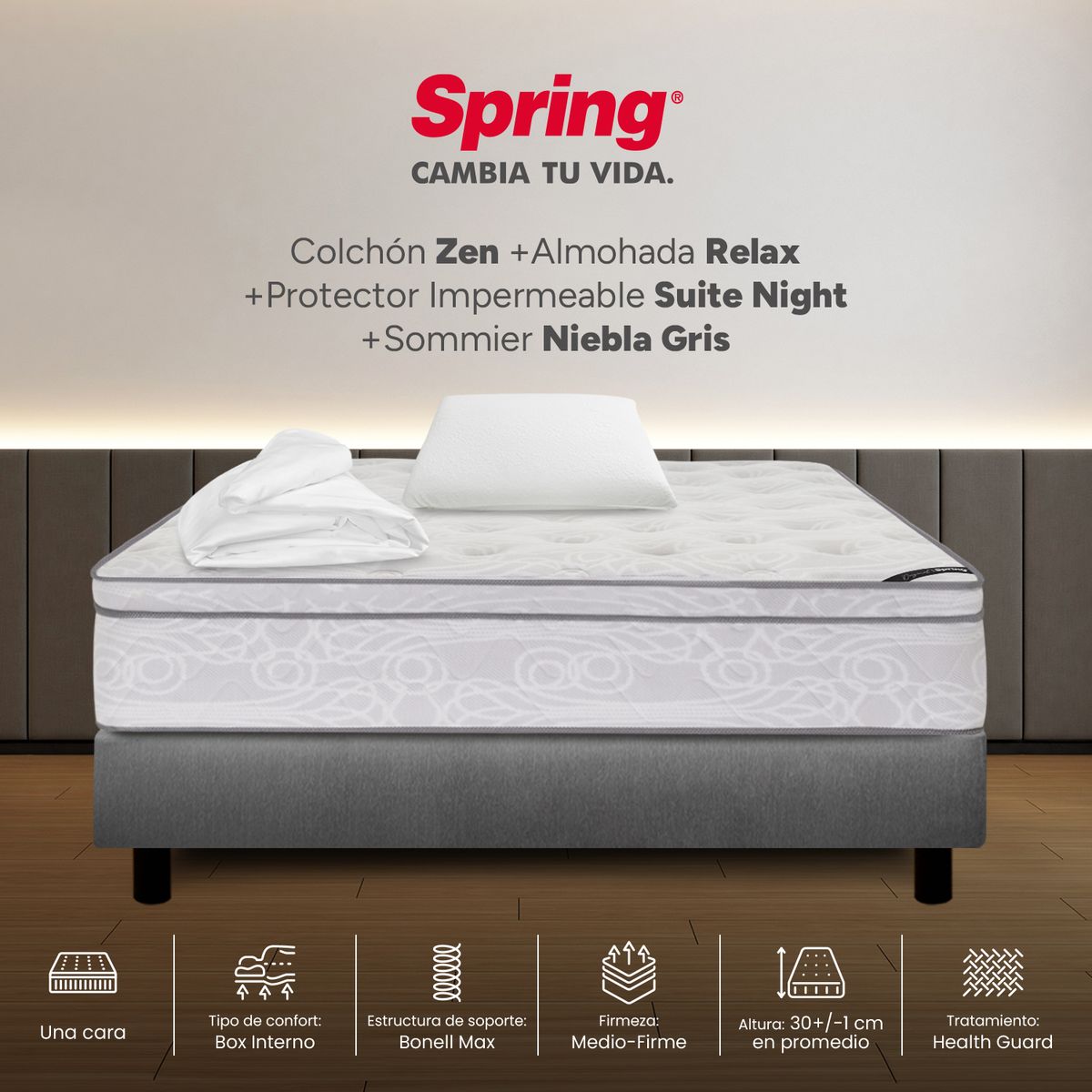 COLCHONES SPRING - Colchón Spring Sencillo Con Base Cama Firmeza Media Ortopédico Resortado Zen 100 x 190 cm + Almohada + Protector