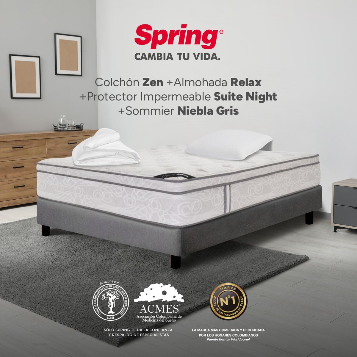 COLCHONES SPRING - Colchón Spring Sencillo Con Base Cama Firmeza Media Ortopédico Resortado Zen 100 x 190 cm + Almohada + Protector