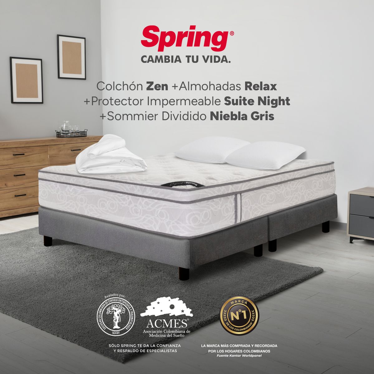 COLCHONES SPRING - Colchón Spring Queen Con Base Cama Firmeza Media Ortopédico Resortado Zen 160 x 190 cm + 2 Almohadas + Protector