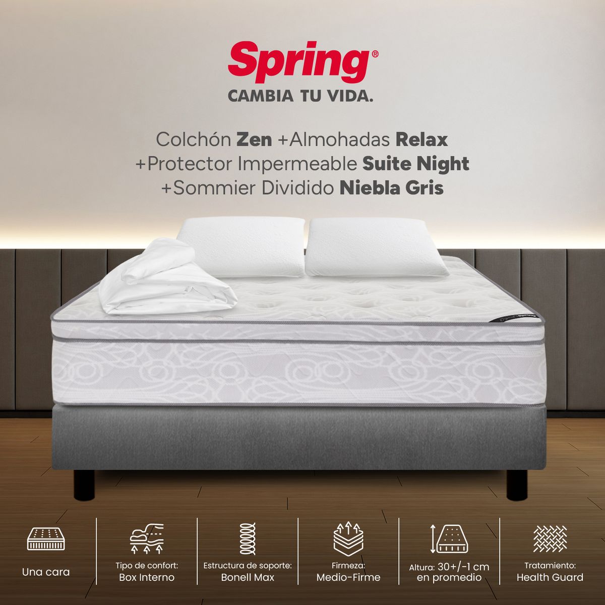 COLCHONES SPRING - Colchón Spring King Con Base Cama Firmeza Media Ortopédico Resortado Zen 200 x 200 cm + 2 Almohadas + Protector