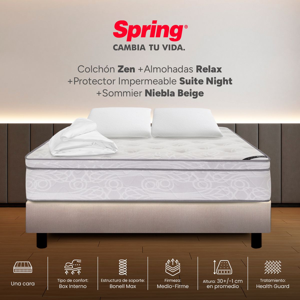 COLCHONES SPRING - Colchón Spring Doble Con Base Cama Firmeza Media Ortopédico Resortado Zen 140 x 190 cm + 2 Almohadas + Protector