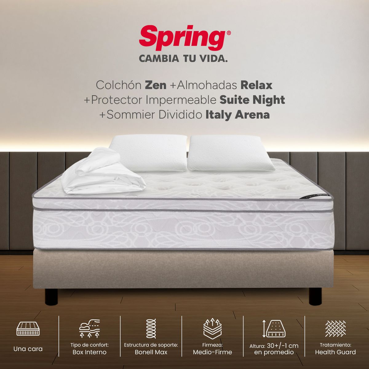 COLCHONES SPRING - Colchón Spring Queen Con Base Cama Firmeza Media Ortopédico Resortado Zen 160 x 190 cm + 2 Almohadas + Protector