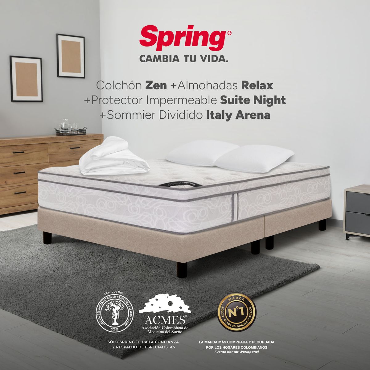 COLCHONES SPRING - Colchón Spring Queen Con Base Cama Firmeza Media Ortopédico Resortado Zen 160 x 190 cm + 2 Almohadas + Protector