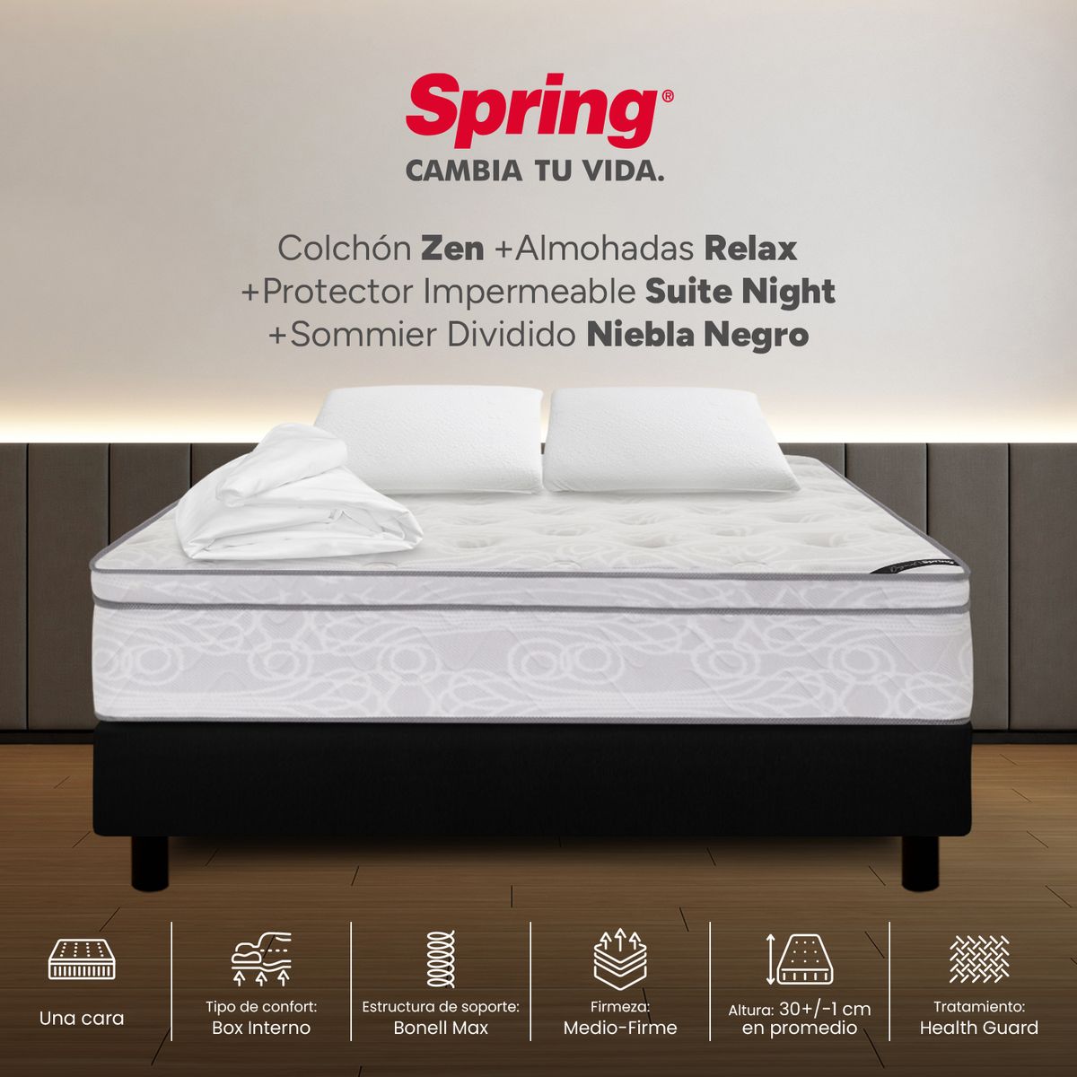COLCHONES SPRING - Colchón Spring Semidoble Con Base Cama Firmeza Media Ortopédico Resortado Zen 120 x 190 cm + Almohada + Protector
