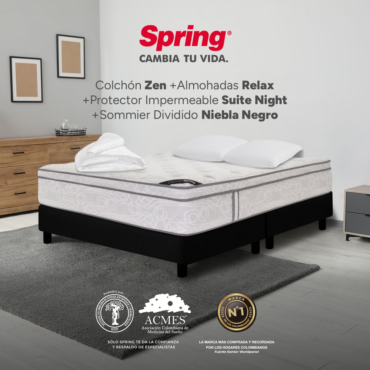 COLCHONES SPRING - Colchón Spring King Con Base Cama Firmeza Media Ortopédico Resortado Zen 200 x 200 cm + 2 Almohadas + Protector