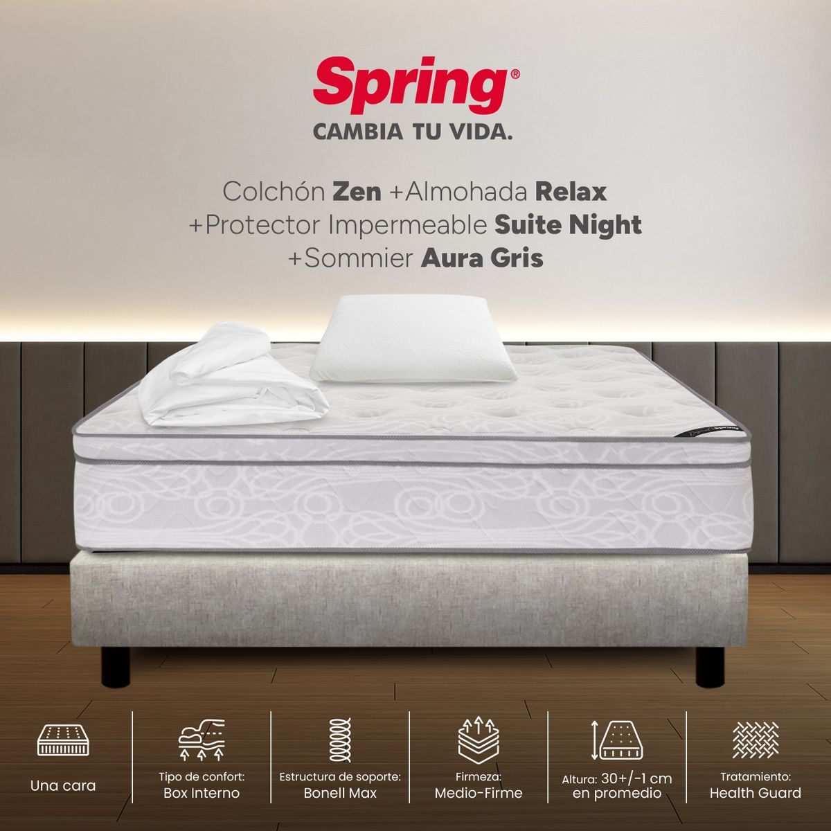 COLCHONES SPRING - Colchón Spring Sencillo Con Base Cama Firmeza Media Ortopédico Resortado Zen 100 x 190 cm + Almohada + Protector