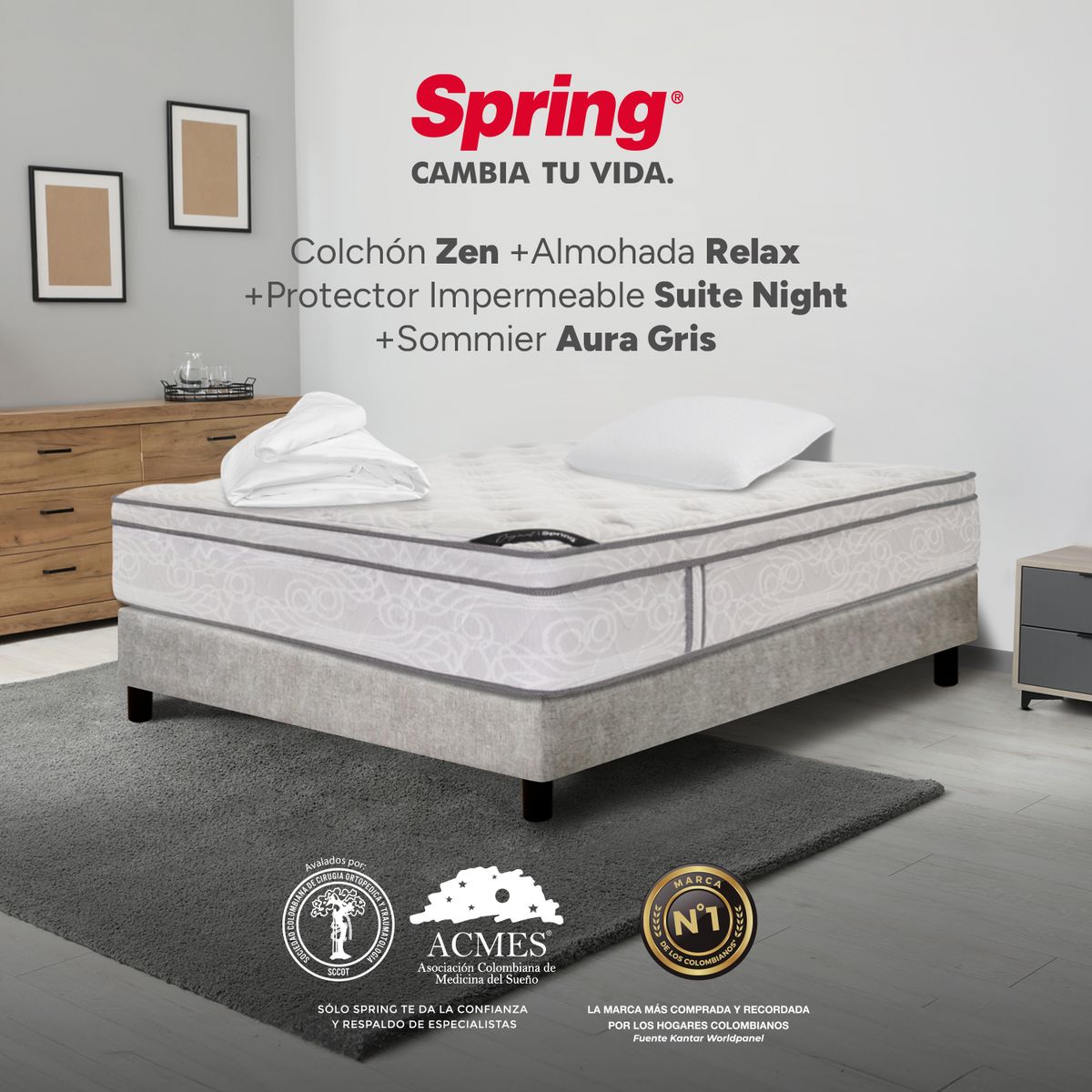 COLCHONES SPRING - Colchón Spring Sencillo Con Base Cama Firmeza Media Ortopédico Resortado Zen 100 x 190 cm + Almohada + Protector