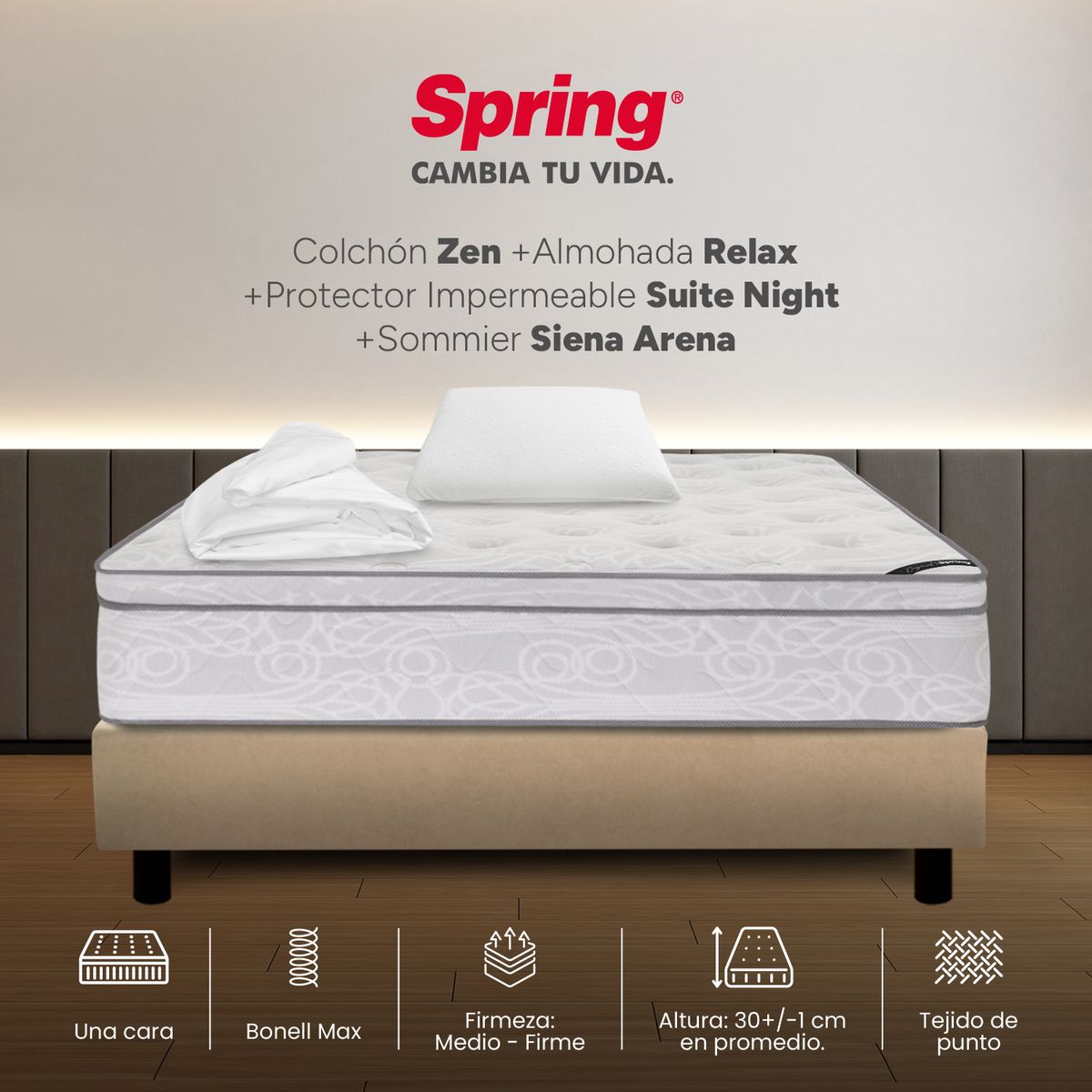 COLCHONES SPRING - Colchón Spring Sencillo Con Base Cama Firmeza Media Ortopédico Resortado Zen 100 x 190 cm + Almohada + Protector