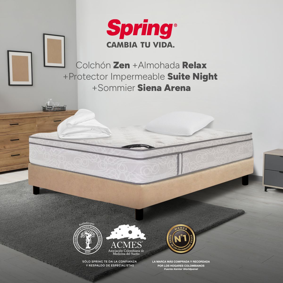 COLCHONES SPRING - Colchón Spring Semidoble Con Base Cama Firmeza Media Ortopédico Resortado Zen 120 x 190 cm + Almohada + Protector