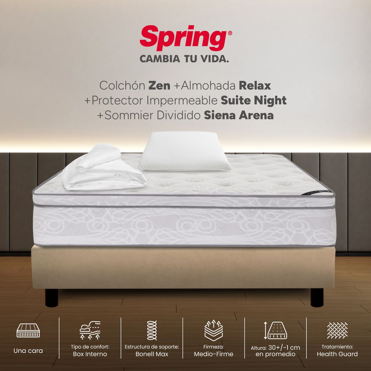 COLCHONES SPRING - Colchón Spring Semidoble Con Base Cama Firmeza Media Ortopédico Resortado Zen 120 x 190 cm + Almohada + Protector