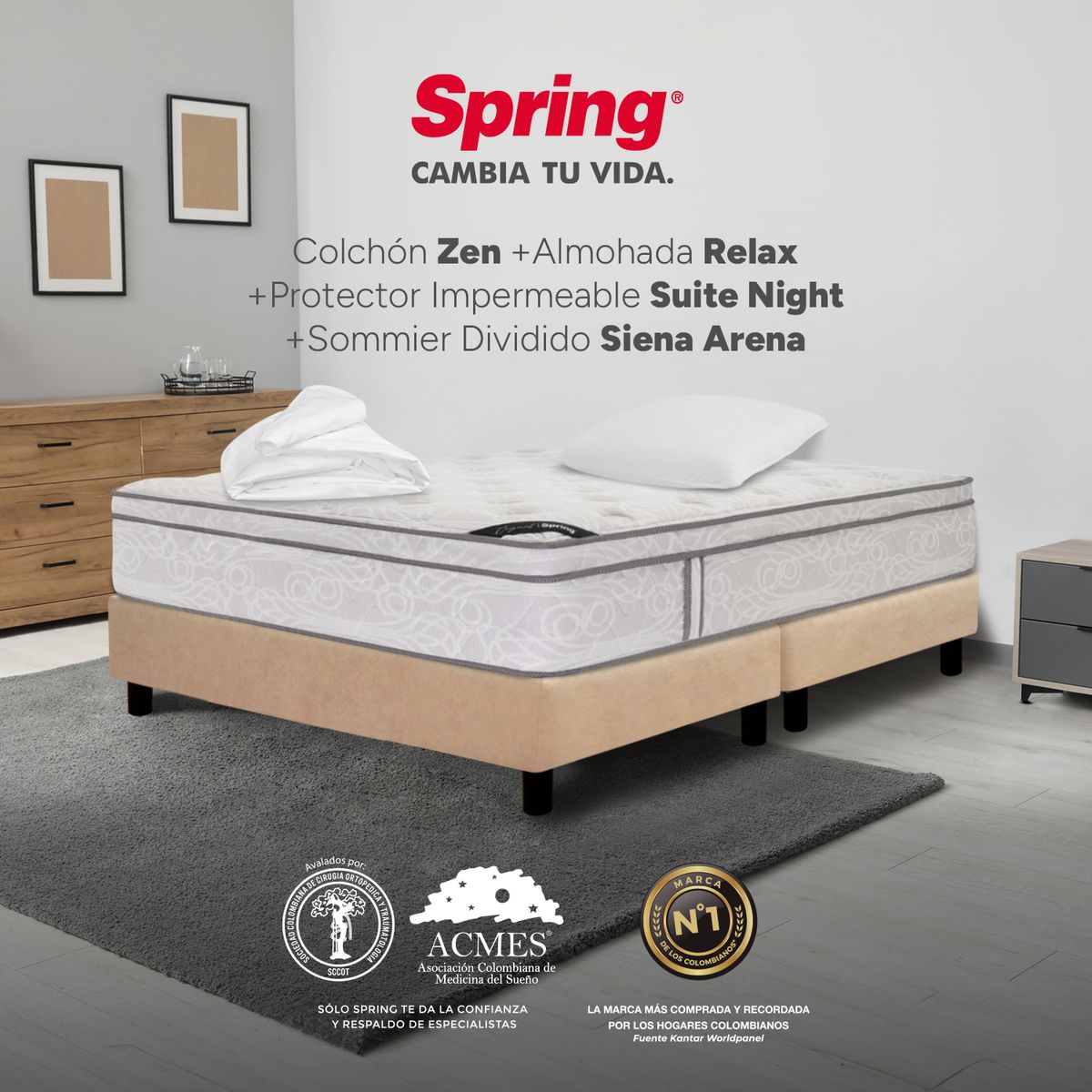 COLCHONES SPRING - Colchón Spring Semidoble Con Base Cama Firmeza Media Ortopédico Resortado Zen 120 x 190 cm + Almohada + Protector