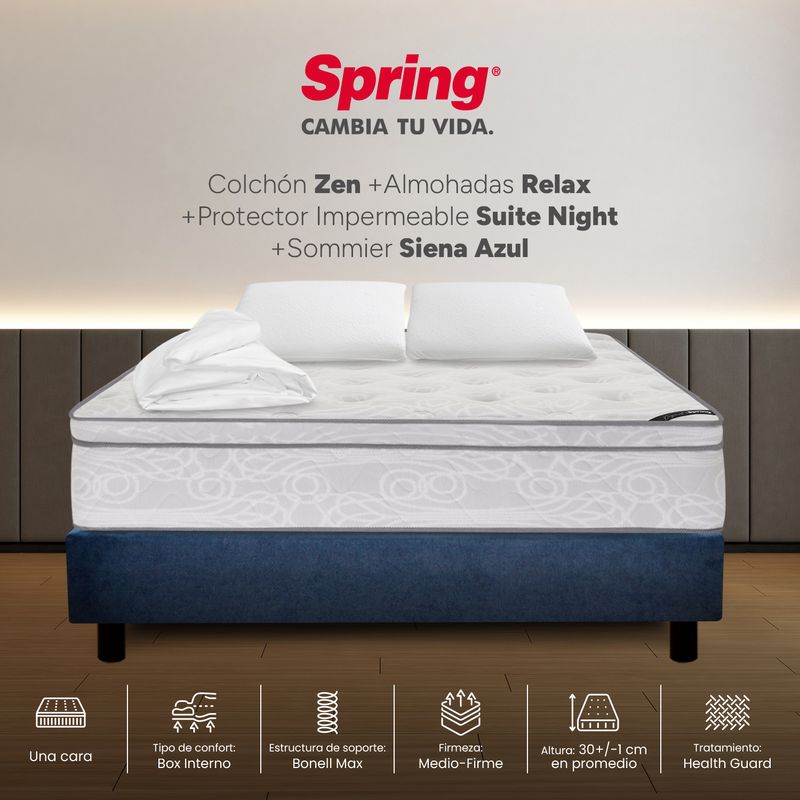 COLCHONES SPRING - Colchón Spring Doble Con Base Cama Firmeza Media Ortopédico Resortado Zen 140 x 190 cm + 2 Almohadas + Protector
