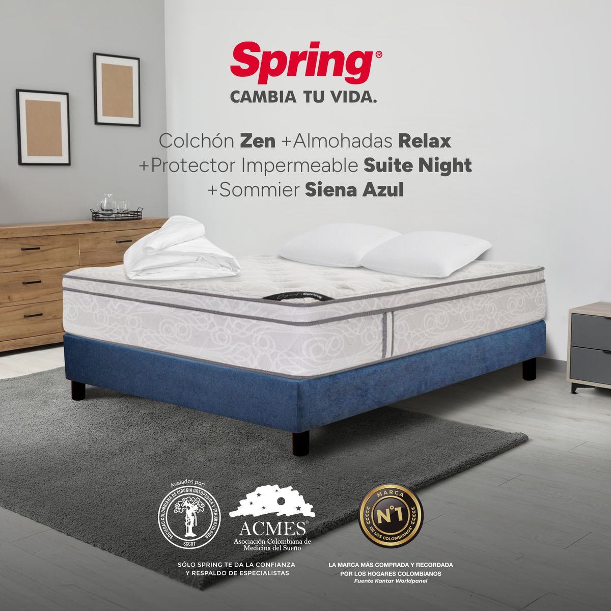 COLCHONES SPRING - Colchón Spring Doble Con Base Cama Firmeza Media Ortopédico Resortado Zen 140 x 190 cm + 2 Almohadas + Protector