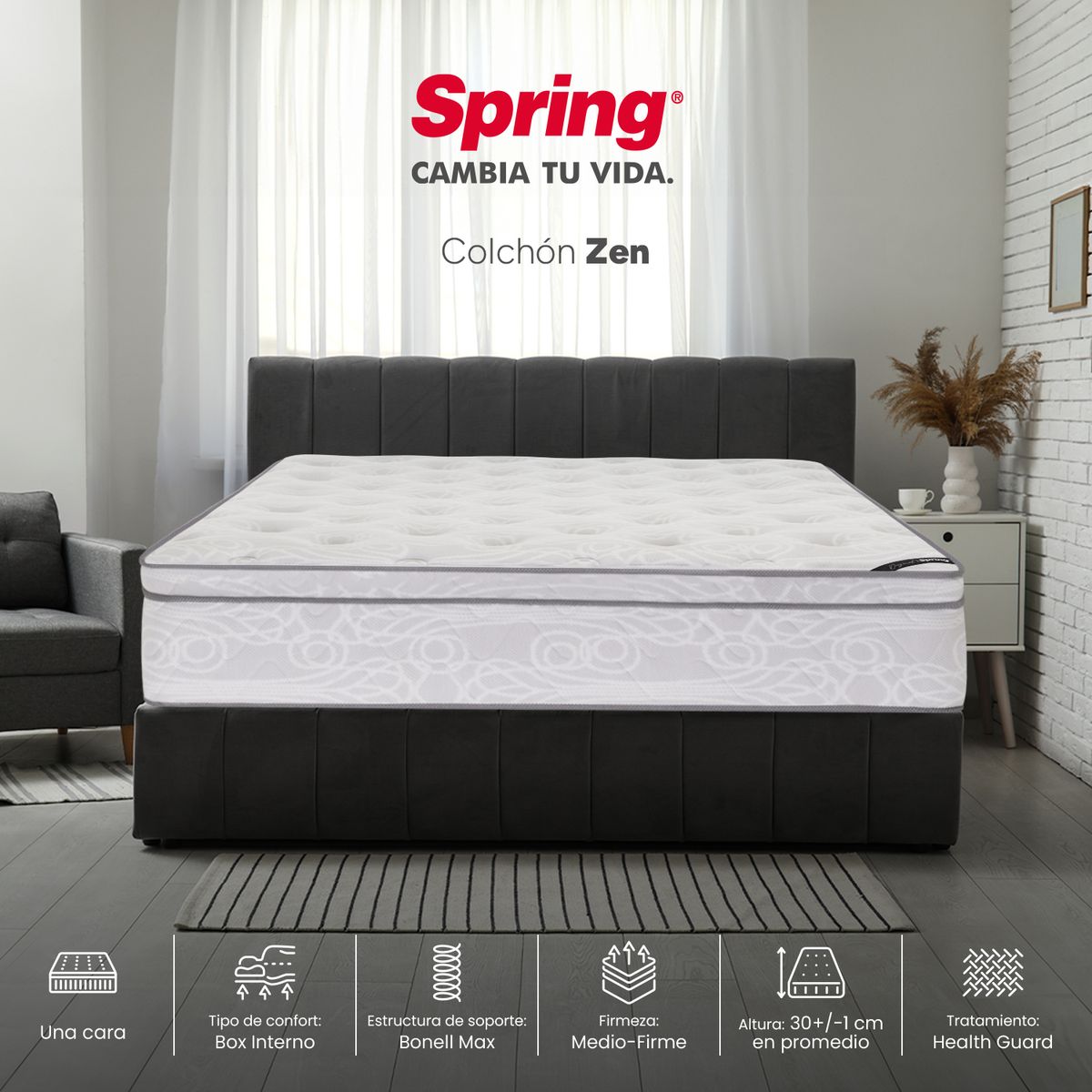 COLCHONES SPRING - Colchón Spring King Firmeza Media Ortopédico Resortado Zen 200 x 200 cm