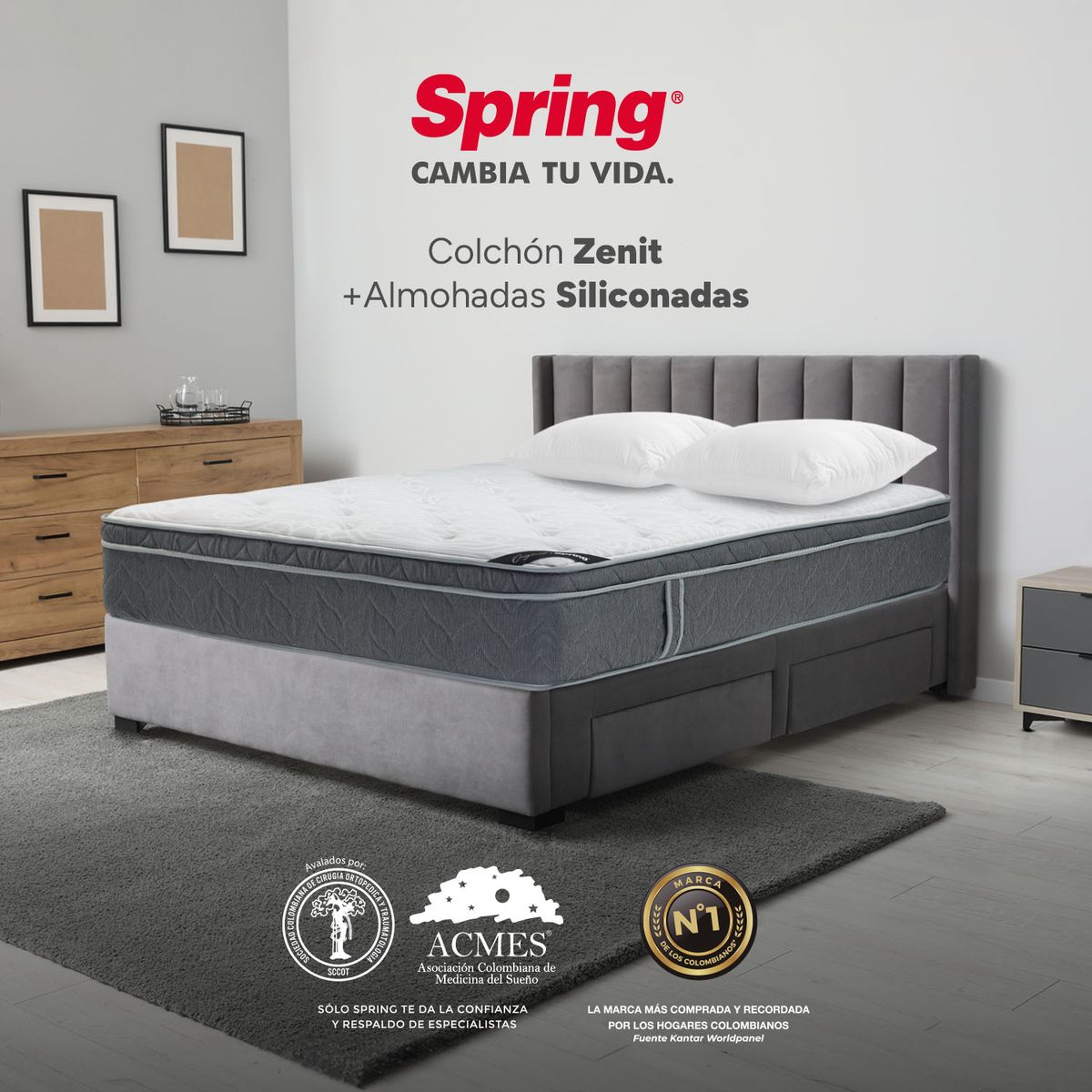 COLCHONES SPRING - Colchón Spring Doble Firmeza Suave Ortopédico Resortado Zenit 140 x 190 cm + 2 Almohadas