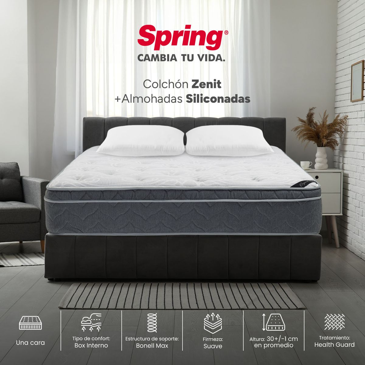 COLCHONES SPRING - Colchón Spring Queen Firmeza Suave Ortopédico Resortado Zenit 160 x 190 cm + 2 Almohadas