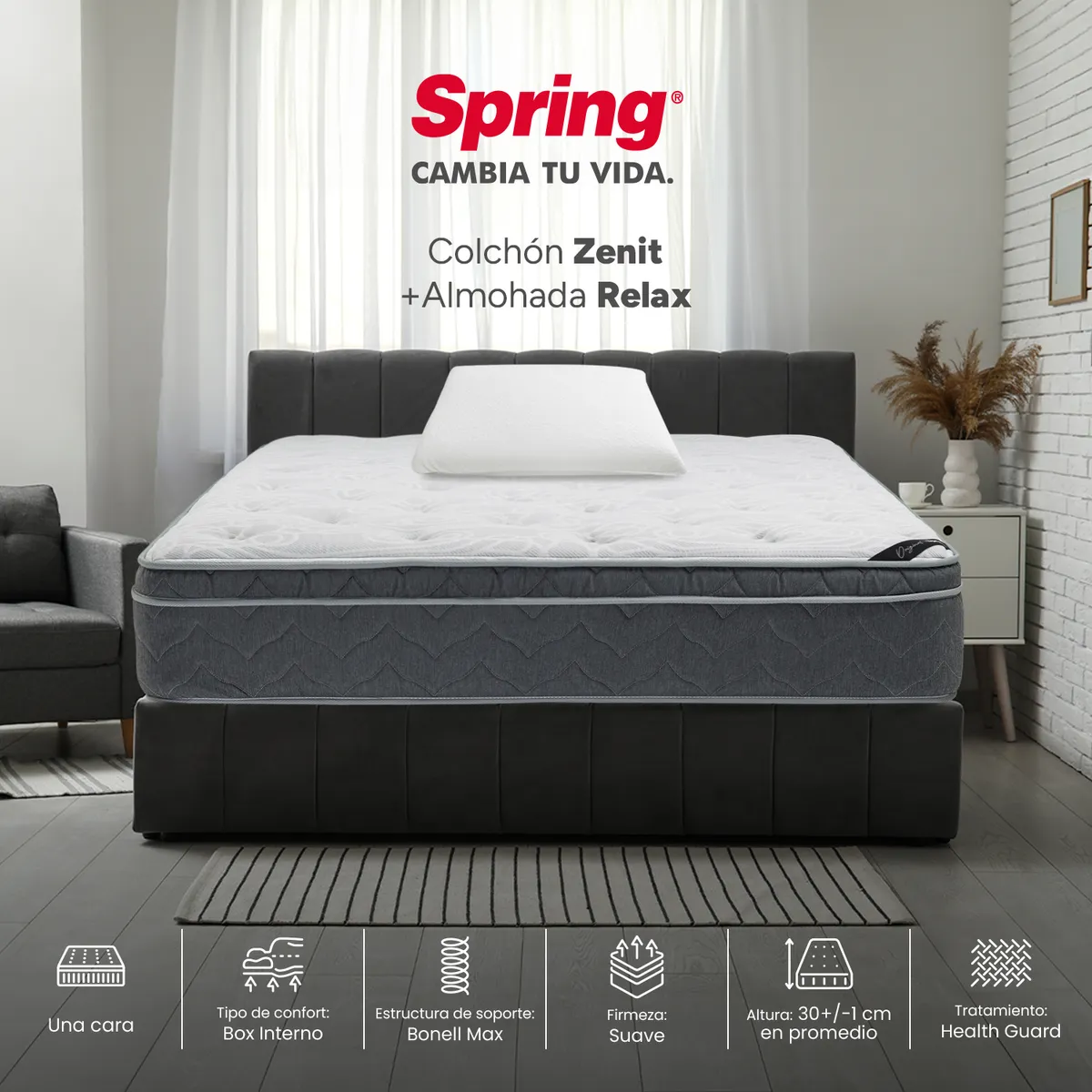 COLCHONES SPRING - Colchón Spring Semidoble Firmeza Suave Ortopédico Resortado Zenit 120 x 190 cm + Almohada