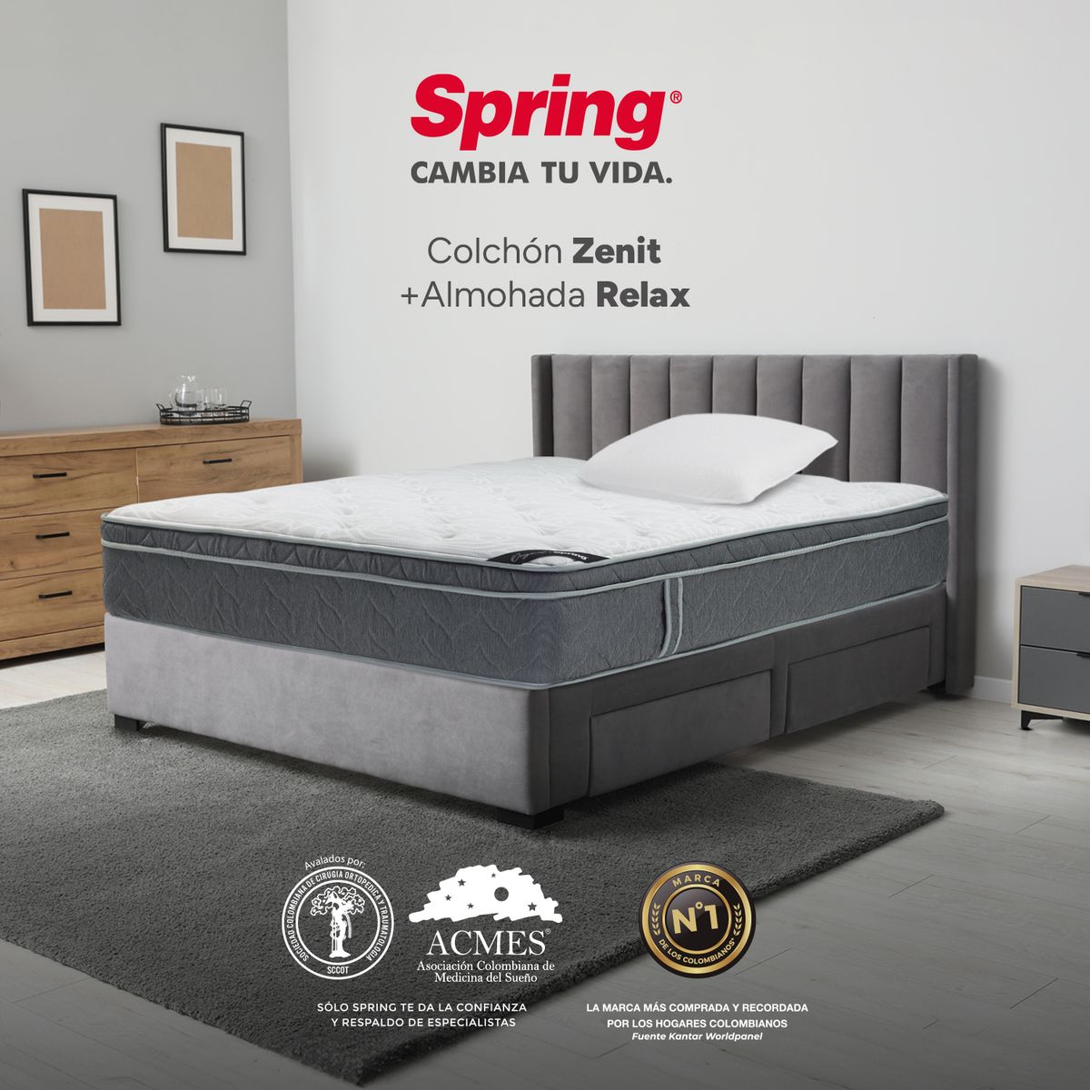 COLCHONES SPRING - Colchón Spring Semidoble Firmeza Suave Ortopédico Resortado Zenit 120 x 190 cm + Almohada