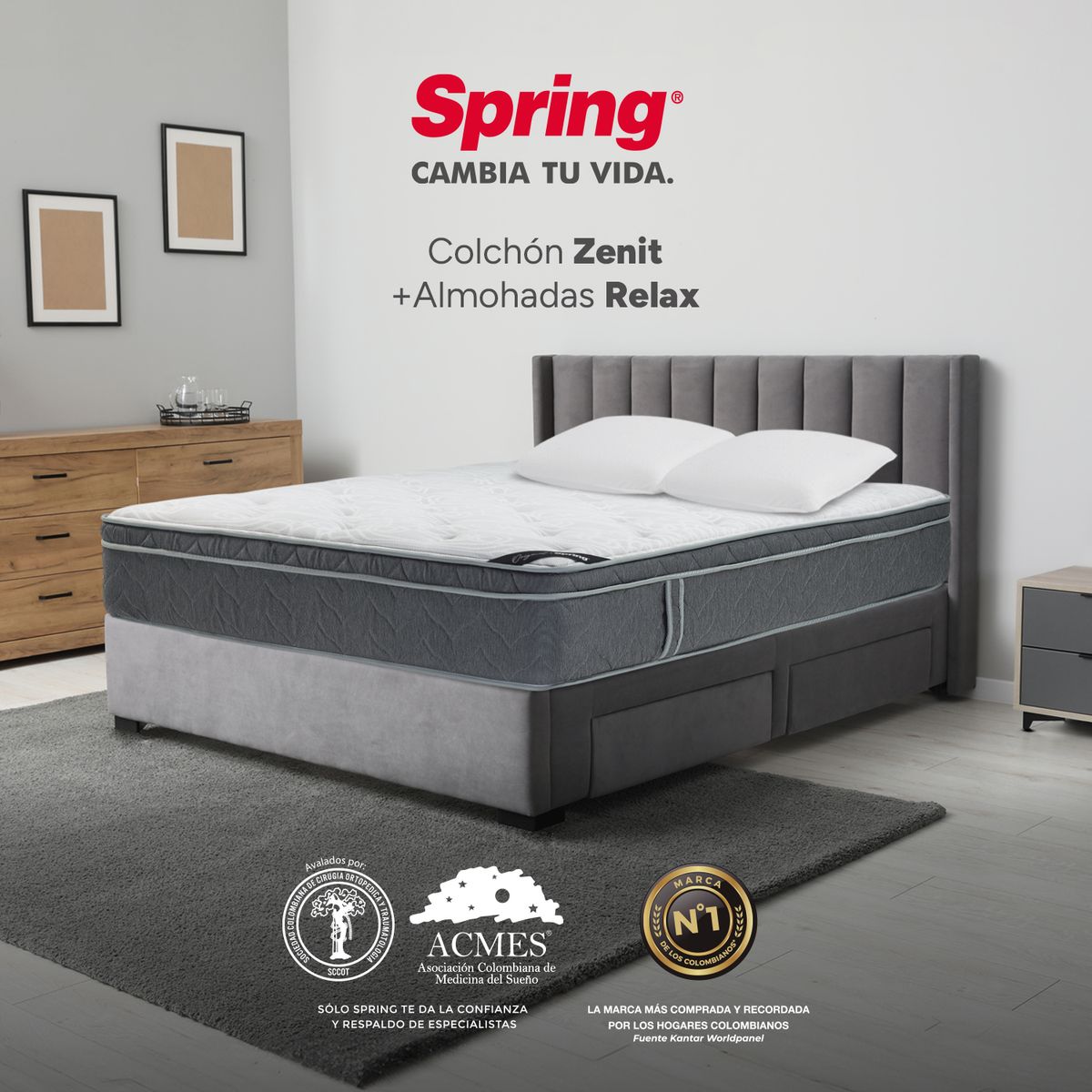 COLCHONES SPRING - Colchón Spring Doble Firmeza Suave Ortopédico Resortado Zenit 140 x 190 cm + 2 Almohadas