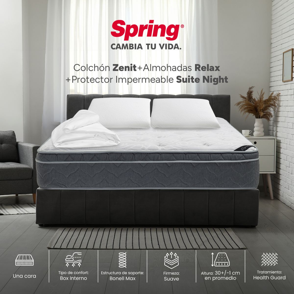 COLCHONES SPRING - Colchón Spring Doble Firmeza Suave Ortopédico Resortado Zenit 140 x 190 cm + 2 Almohadas + Protector