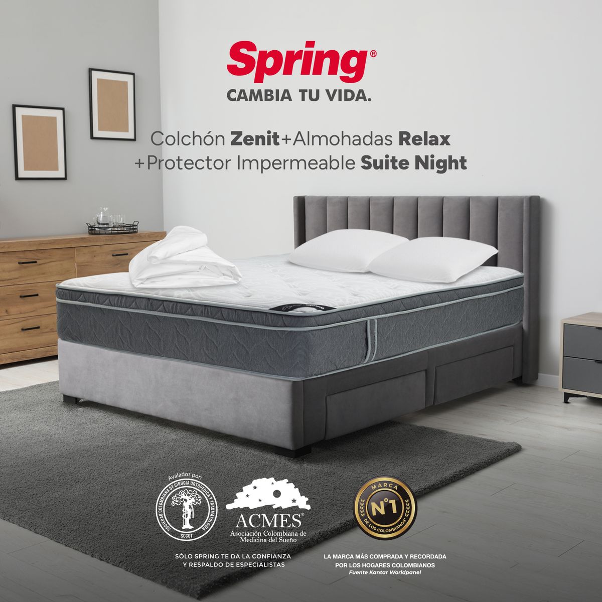 COLCHONES SPRING - Colchón Spring Doble Firmeza Suave Ortopédico Resortado Zenit 140 x 190 cm + 2 Almohadas + Protector