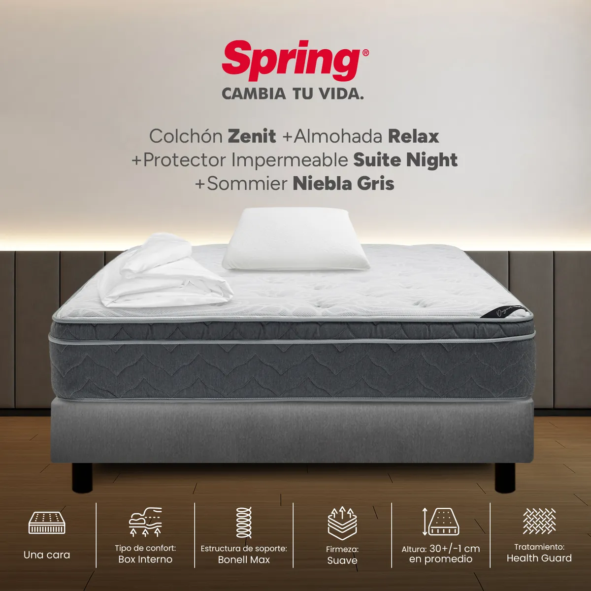 COLCHONES SPRING - Colchón Spring Sencillo Con Base Cama Firmeza Suave Ortopédico Resortado Zenit 100 x 190 cm + Almohada + Protector