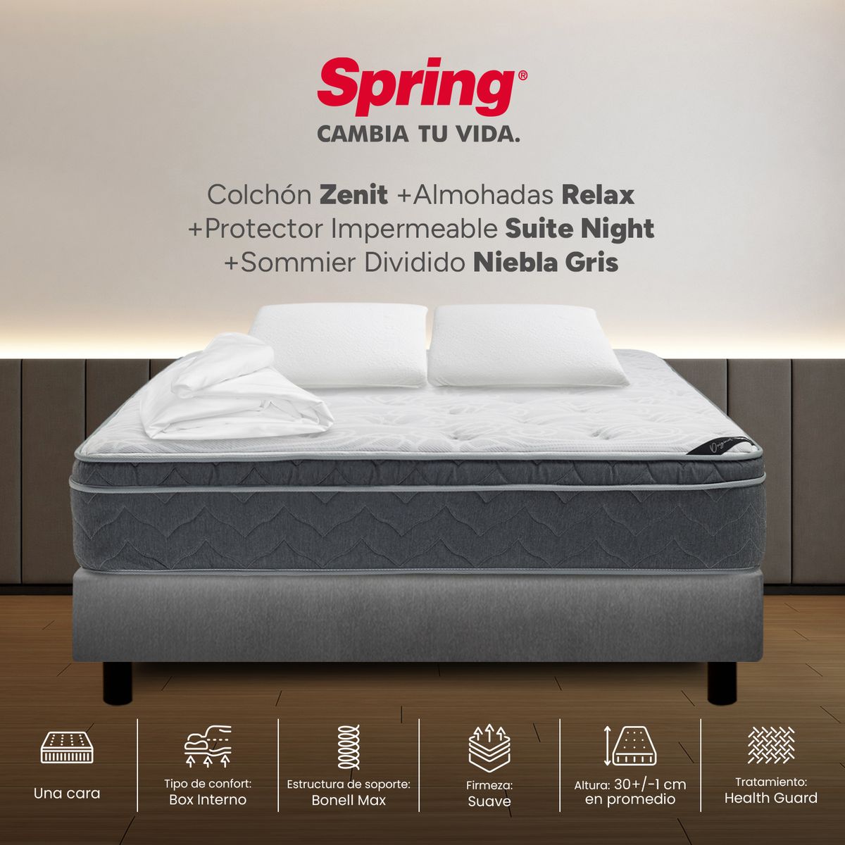 COLCHONES SPRING - Colchón Spring Queen Con Base Cama Firmeza Suave Ortopédico Resortado Zenit 160 x 190 cm + 2 Almohadas + Protector