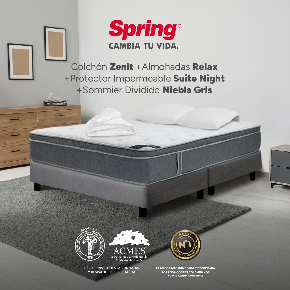 COLCHONES SPRING - Colchón Spring Queen Con Base Cama Firmeza Suave Ortopédico Resortado Zenit 160 x 190 cm + 2 Almohadas + Protector
