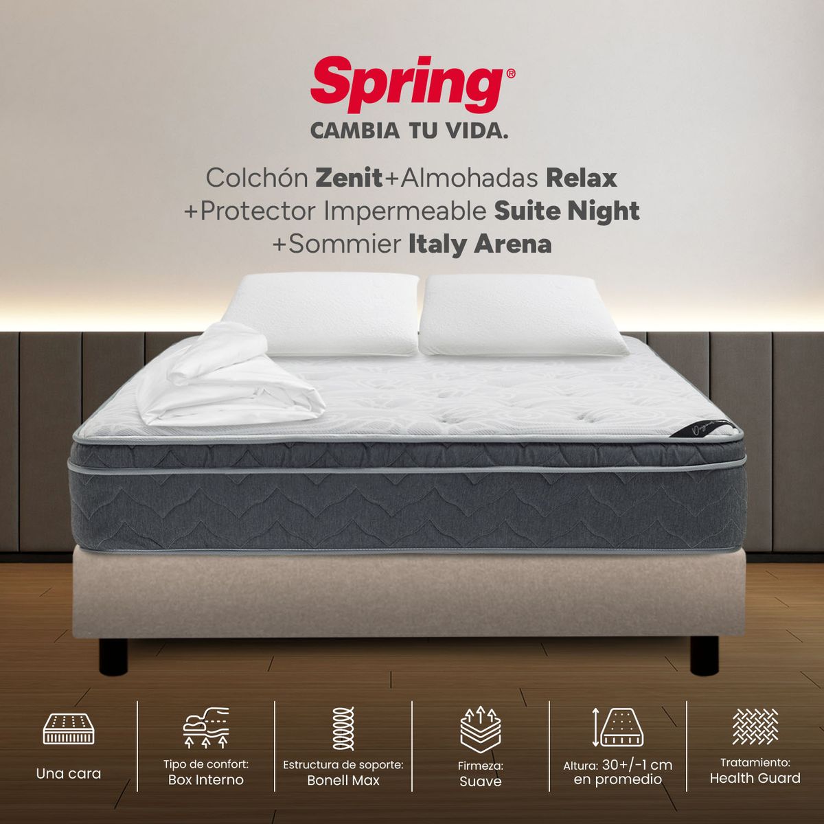 COLCHONES SPRING - Colchón Spring King Con Base Cama Firmeza Suave Ortopédico Resortado Zenit 200 x 200 cm + 2 Almohadas + Protector