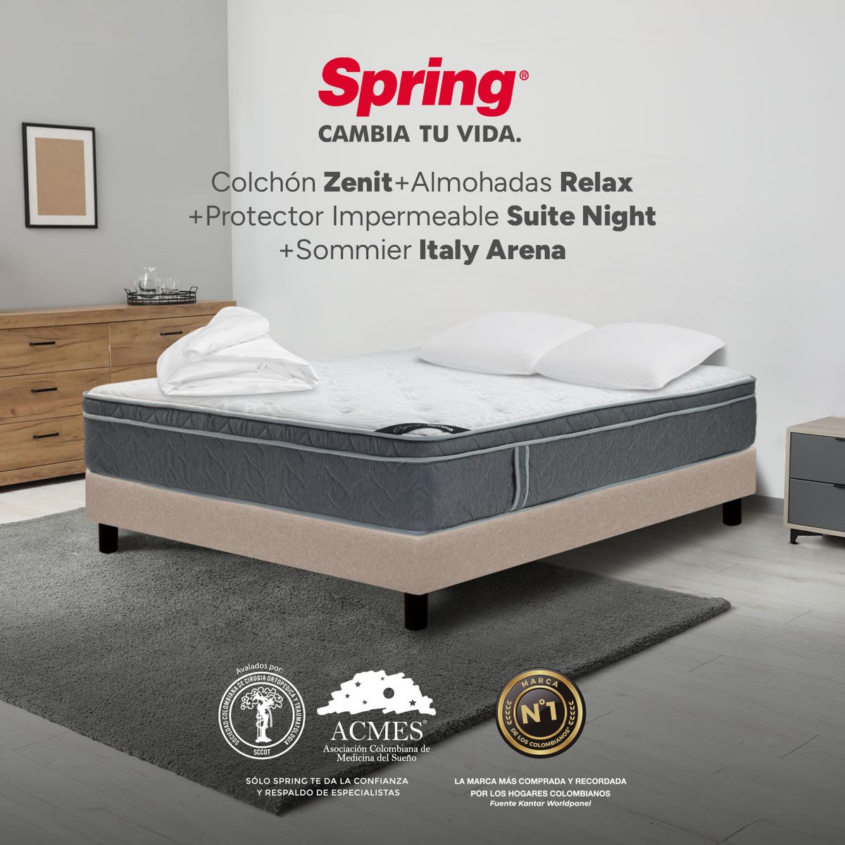 COLCHONES SPRING - Colchón Spring King Con Base Cama Firmeza Suave Ortopédico Resortado Zenit 200 x 200 cm + 2 Almohadas + Protector