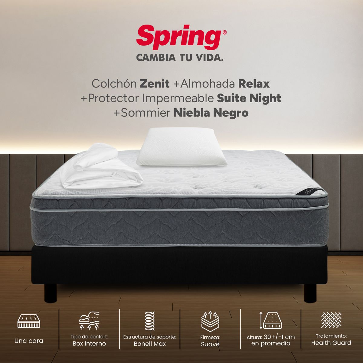 COLCHONES SPRING - Colchón Spring Sencillo Con Base Cama Firmeza Suave Ortopédico Resortado Zenit 100 x 190 cm + Almohada + Protector