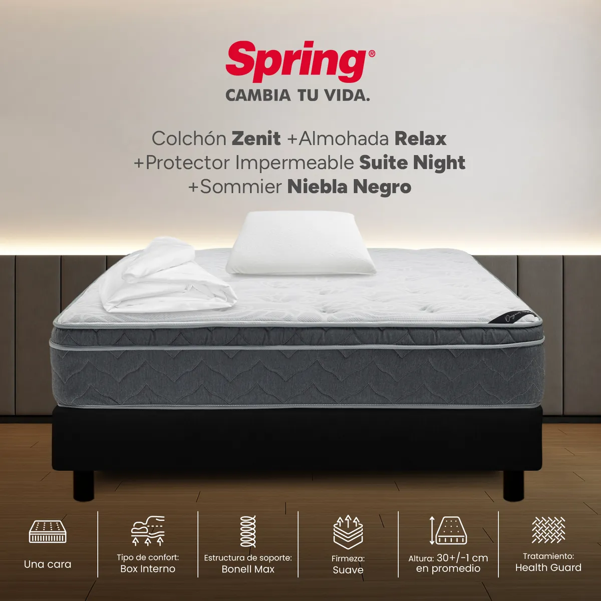 COLCHONES SPRING - Colchón Spring Sencillo Con Base Cama Firmeza Suave Ortopédico Resortado Zenit 100 x 190 cm + Almohada + Protector