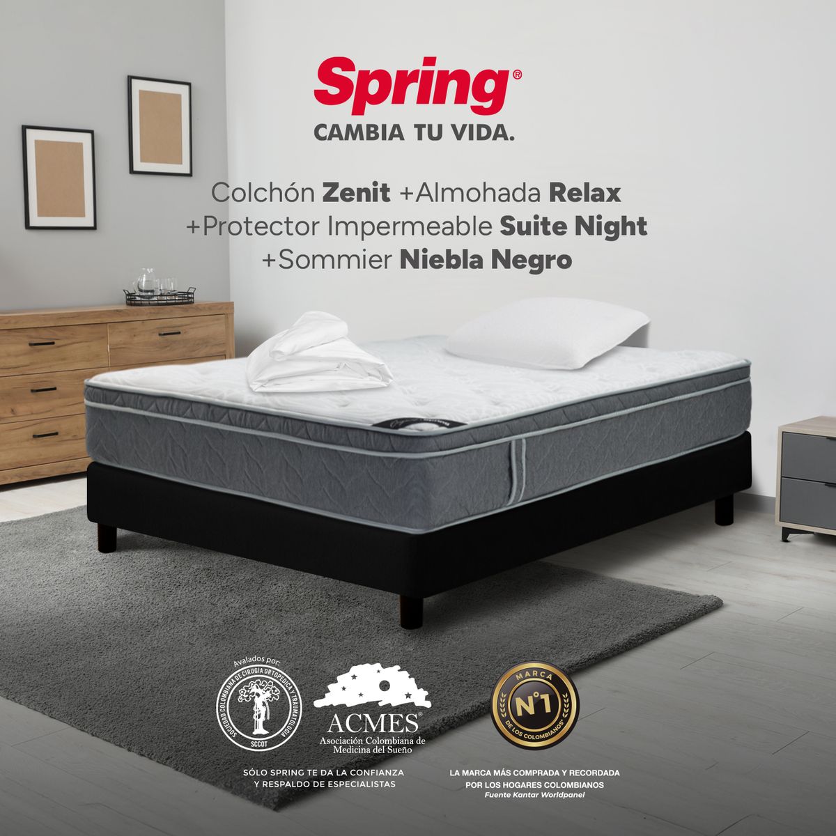 COLCHONES SPRING - Colchón Spring Sencillo Con Base Cama Firmeza Suave Ortopédico Resortado Zenit 100 x 190 cm + Almohada + Protector
