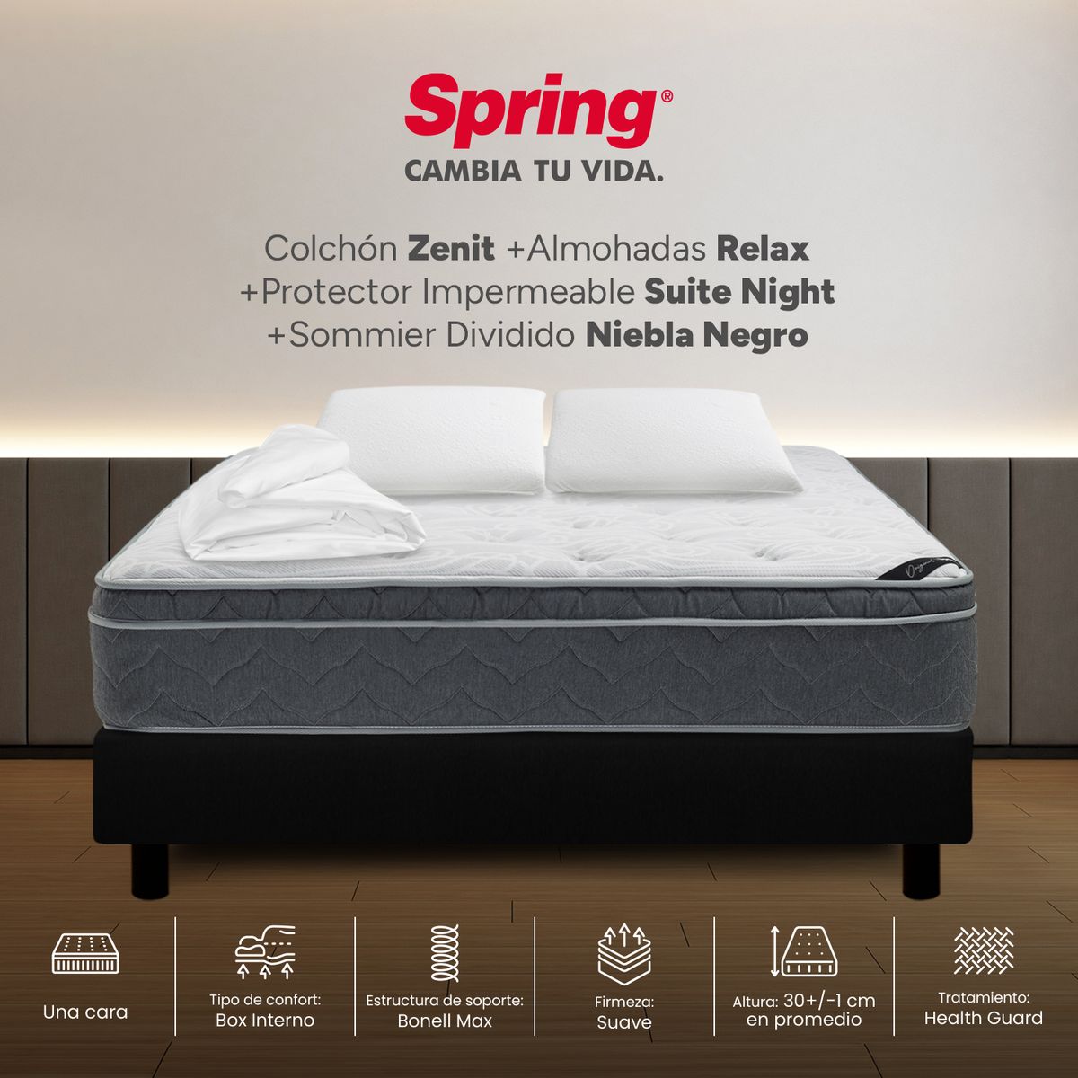 COLCHONES SPRING - Colchón Spring Queen Con Base Cama Firmeza Suave Ortopédico Resortado Zenit 160 x 190 cm + 2 Almohadas + Protector