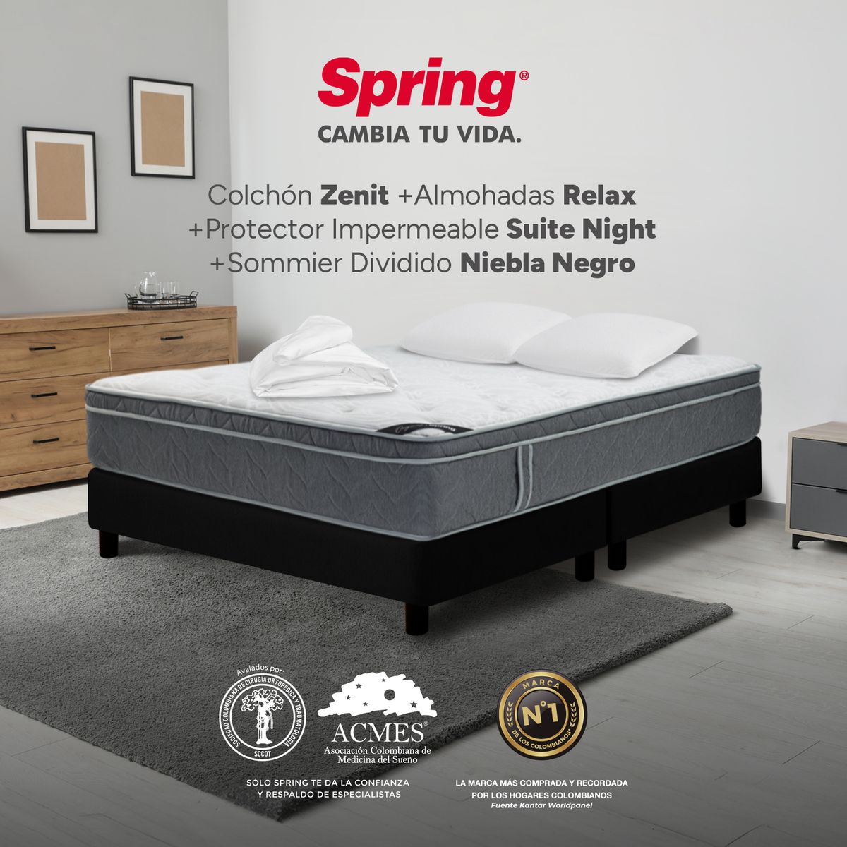 COLCHONES SPRING - Colchón Spring Queen Con Base Cama Firmeza Suave Ortopédico Resortado Zenit 160 x 190 cm + 2 Almohadas + Protector