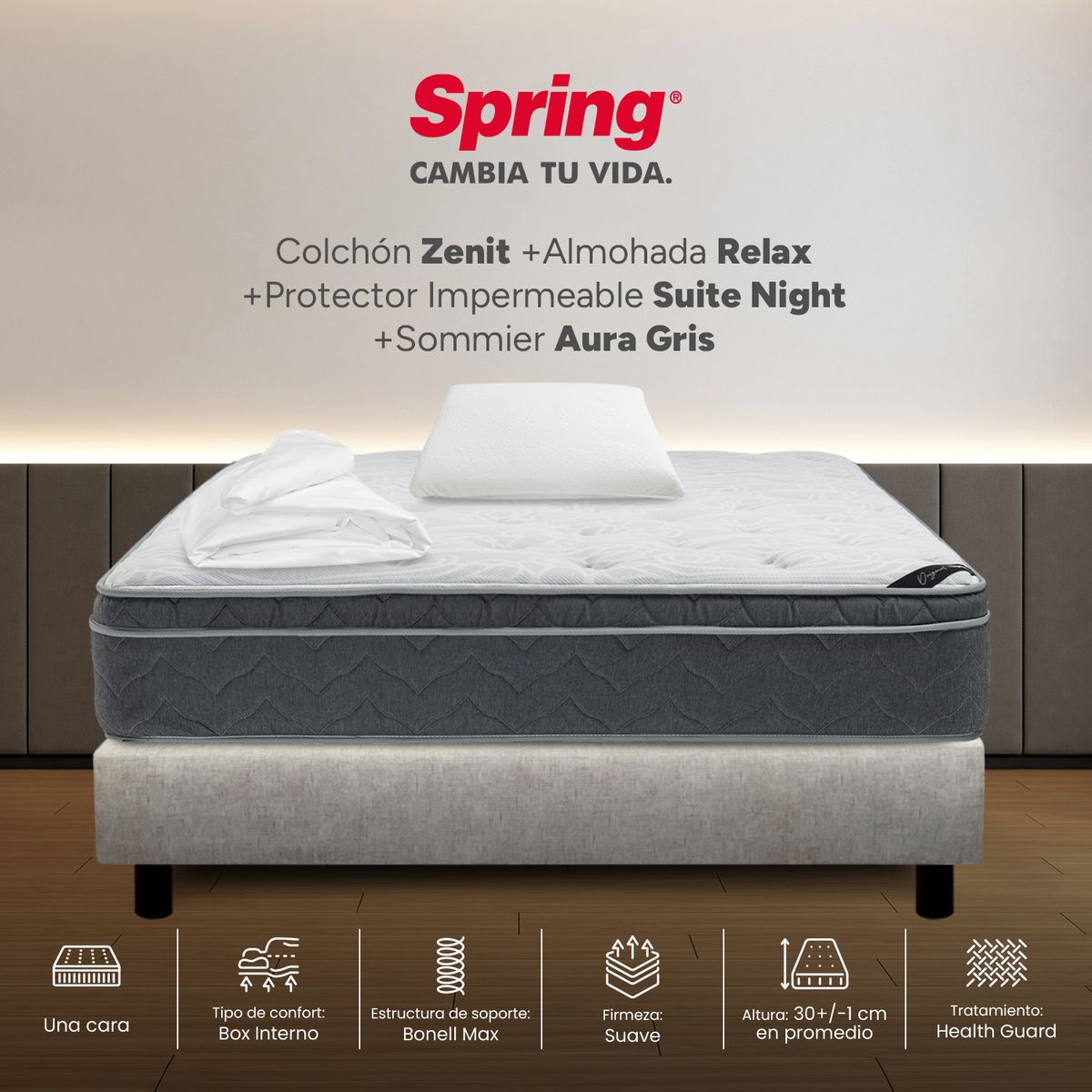 COLCHONES SPRING - Colchón Spring Sencillo Con Base Cama Firmeza Suave Ortopédico Resortado Zenit 100 x 190 cm + Almohada + Protector