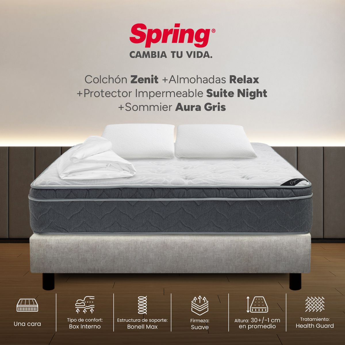 COLCHONES SPRING - Colchón Spring Doble Con Base Cama Firmeza Suave Ortopédico Resortado Zenit 140 x 190 cm + 2 Almohadas + Protector