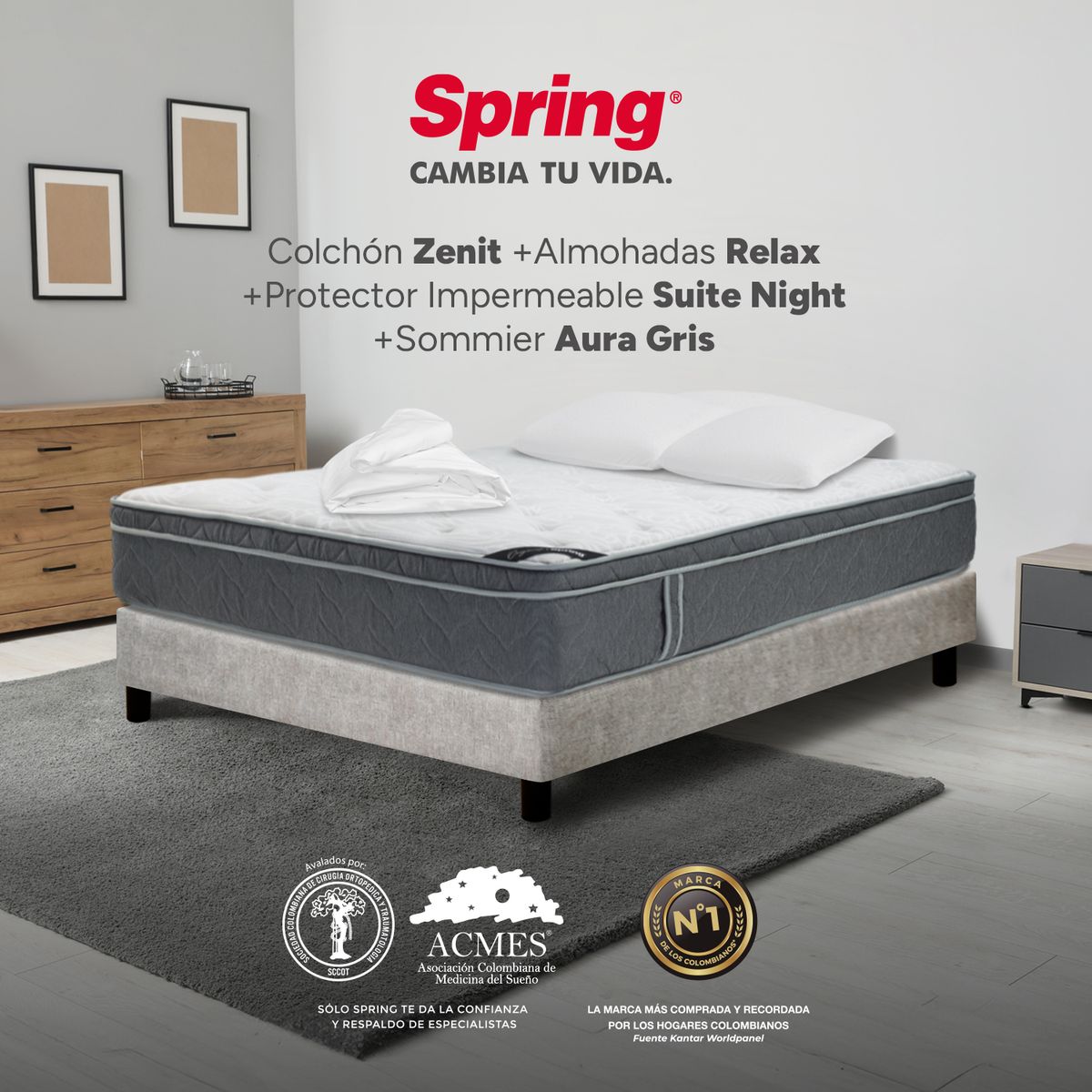 COLCHONES SPRING - Colchón Spring Doble Con Base Cama Firmeza Suave Ortopédico Resortado Zenit 140 x 190 cm + 2 Almohadas + Protector