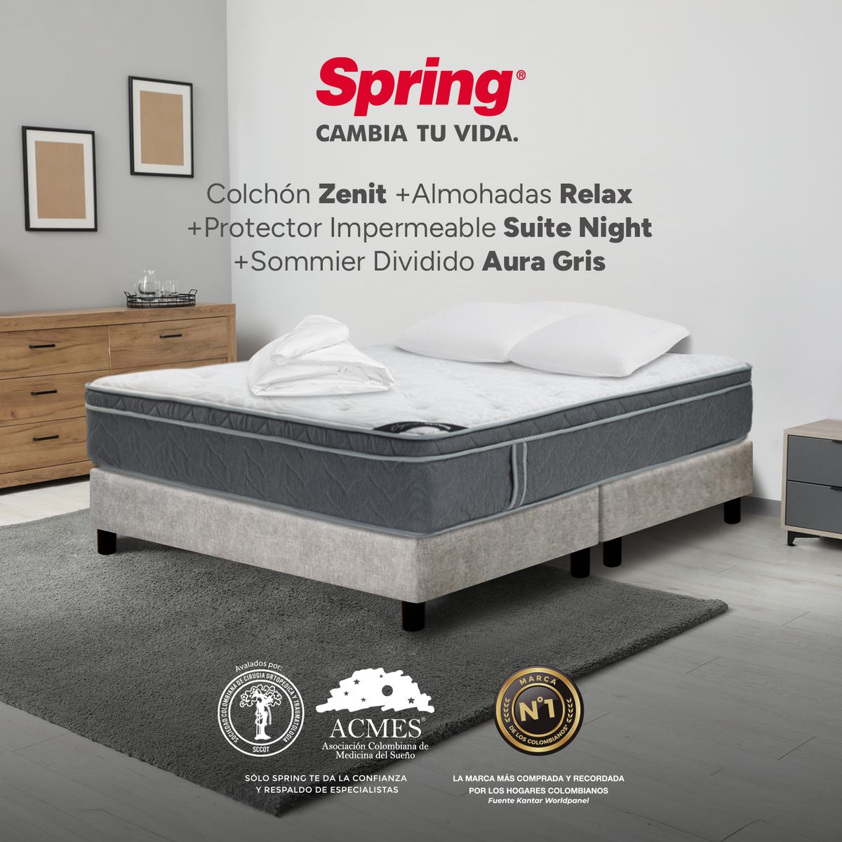 COLCHONES SPRING - Colchón Spring Doble Con Base Cama Firmeza Suave Ortopédico Resortado Zenit 140 x 190 cm + 2 Almohadas + Protector