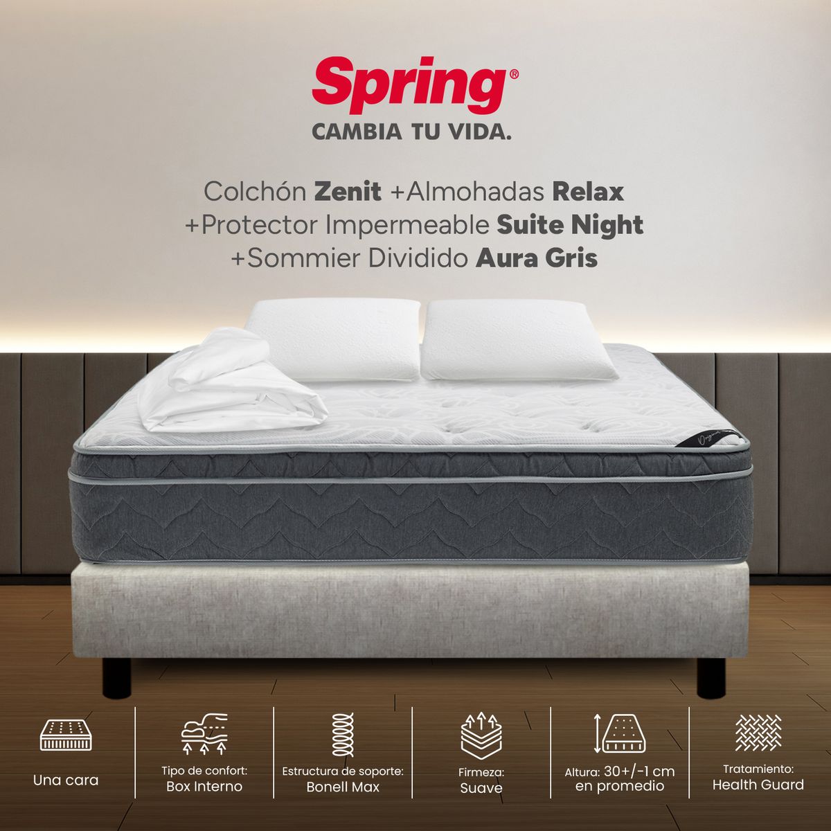 COLCHONES SPRING - Colchón Spring King Con Base Cama Firmeza Suave Ortopédico Resortado Zenit 200 x 200 cm + 2 Almohadas + Protector