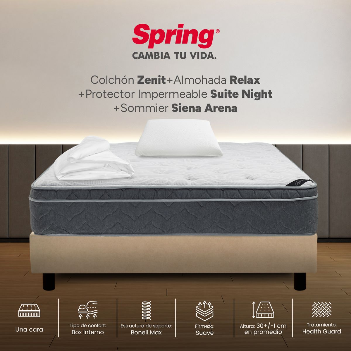 COLCHONES SPRING - Colchón Spring Semidoble Con Base Cama Firmeza Suave Ortopédico Resortado Zenit 120 x 190 cm + Almohada + Protector