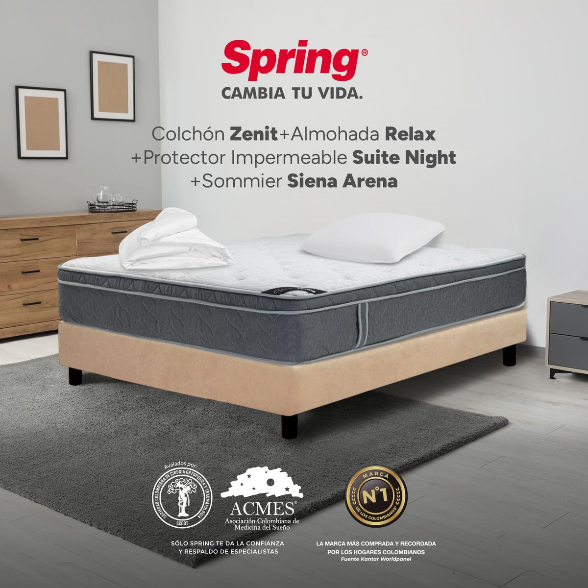 COLCHONES SPRING - Colchón Spring Semidoble Con Base Cama Firmeza Suave Ortopédico Resortado Zenit 120 x 190 cm + Almohada + Protector