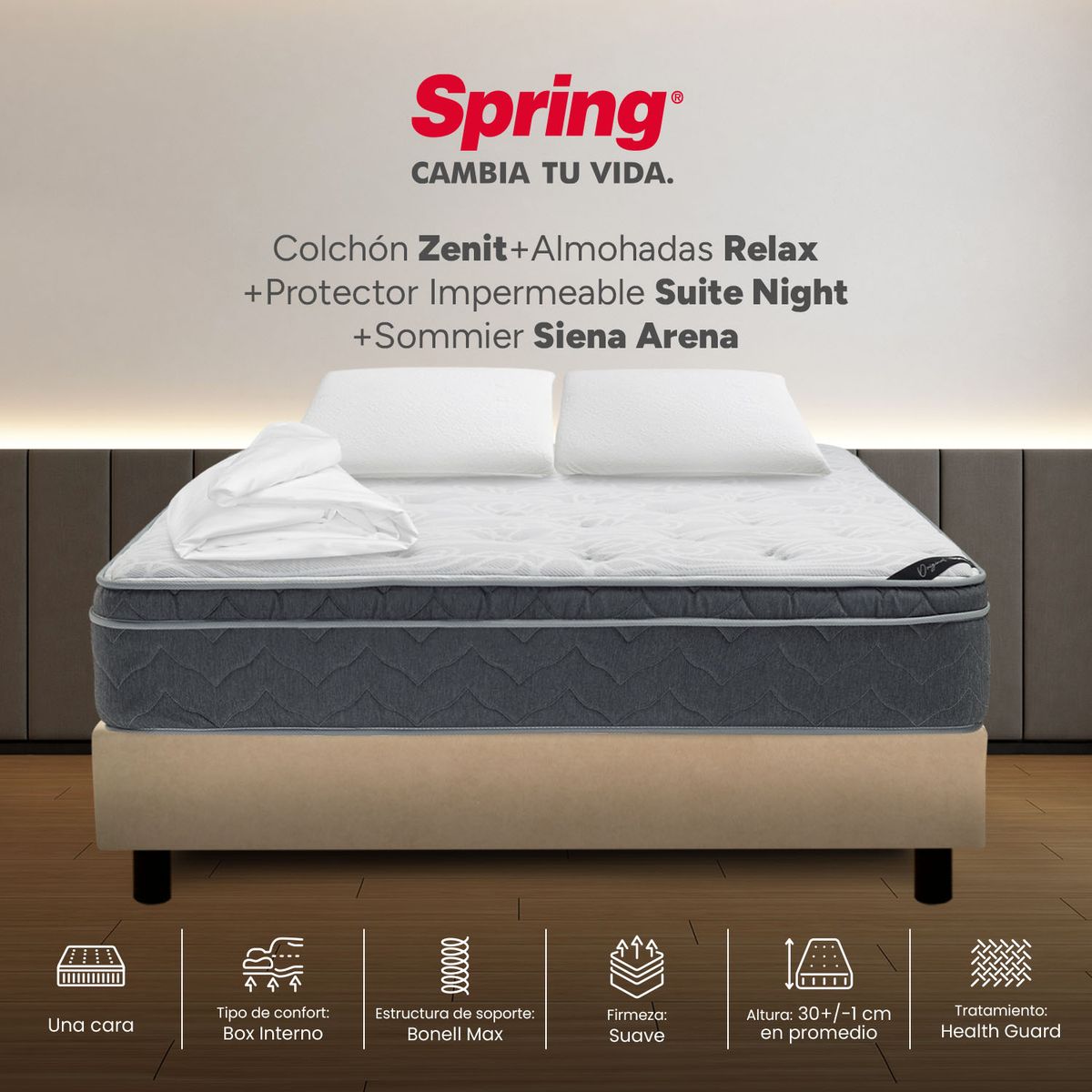 COLCHONES SPRING - Colchón Spring King Con Base Cama Firmeza Suave Ortopédico Resortado Zenit 200 x 200 cm + 2 Almohadas + Protector