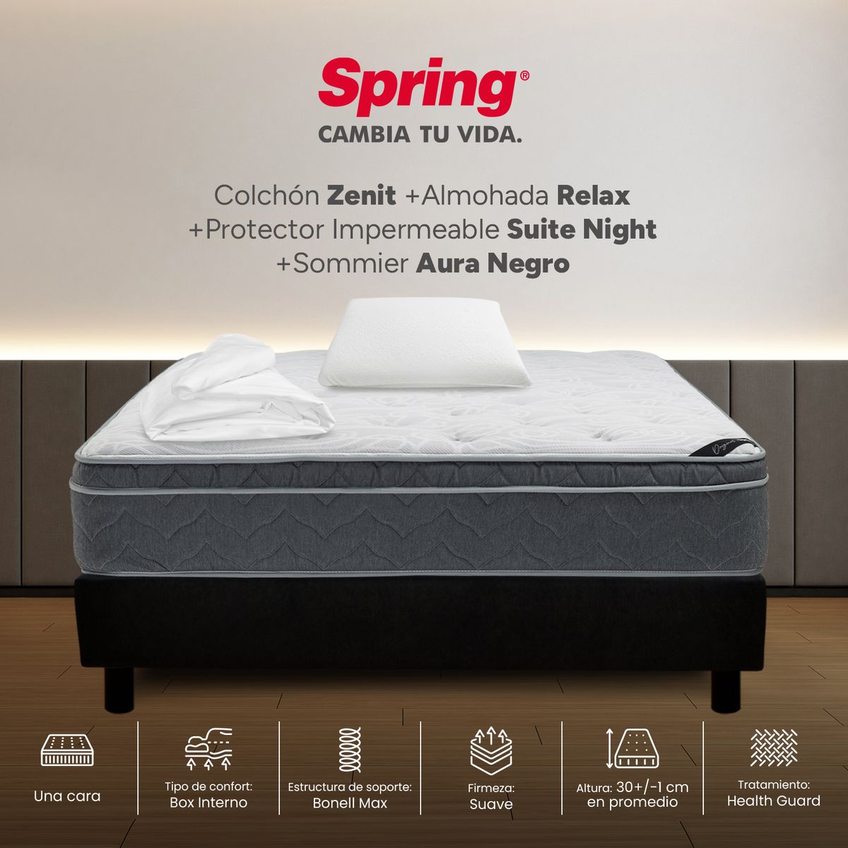 COLCHONES SPRING - Colchón Spring Sencillo Con Base Cama Firmeza Suave Ortopédico Resortado Zenit 100 x 190 cm + Almohada + Protector