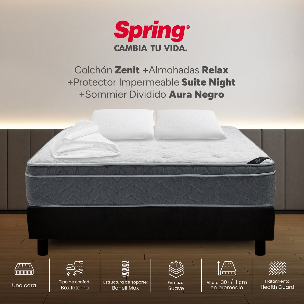 COLCHONES SPRING - Colchón Spring Doble Con Base Cama Firmeza Suave Ortopédico Resortado Zenit 140 x 190 cm + 2 Almohadas + Protector