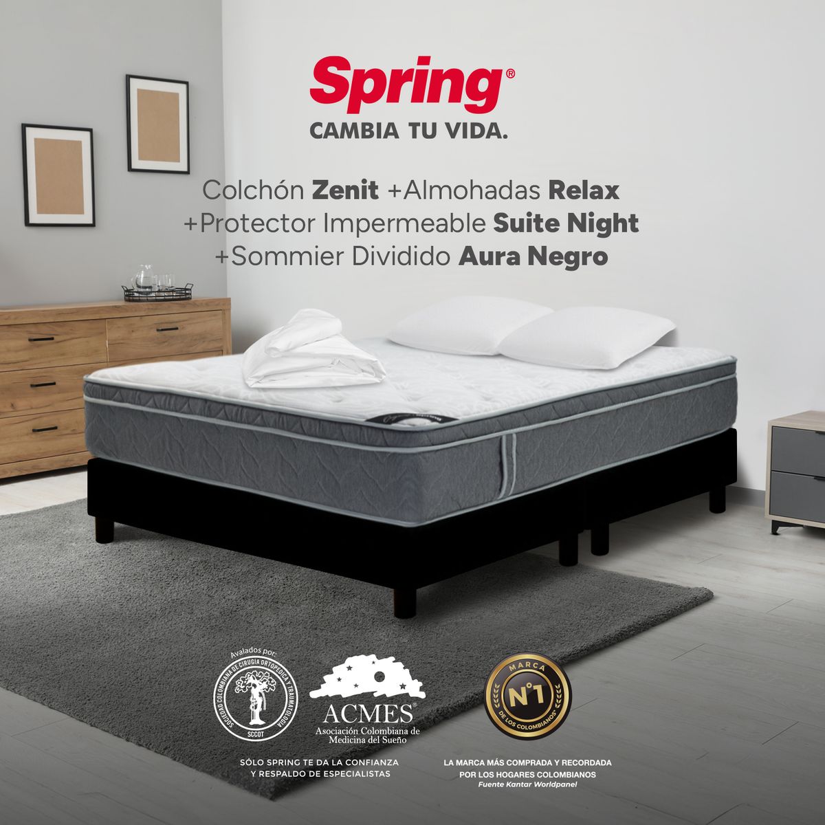 COLCHONES SPRING - Colchón Spring Doble Con Base Cama Firmeza Suave Ortopédico Resortado Zenit 140 x 190 cm + 2 Almohadas + Protector