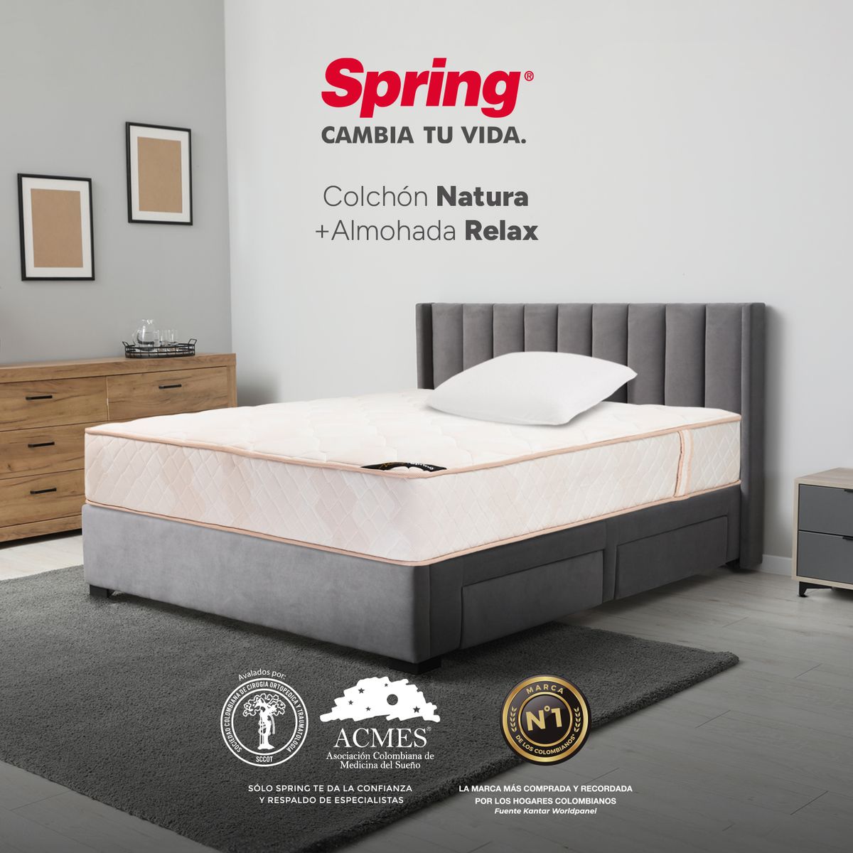 COLCHONES SPRING - Colchón Spring Semidoble Firmeza Media Ortopédico Resortado Natura 120 x 190 cm + Almohada